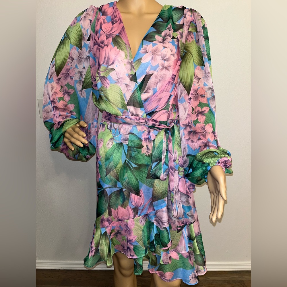 Alex Marie Pink, Blue & Green Floral Wrap Dress